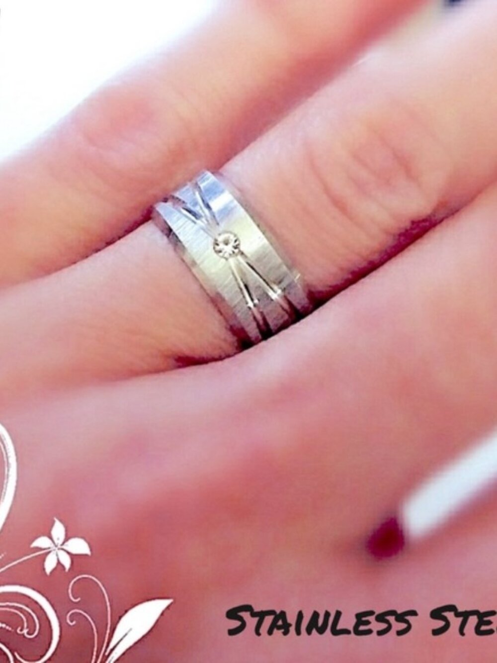 New Stainless Steel Unisex Brushed Zircon band Ring